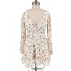Lulus Floral Cutout Back Mini Dress Cream Red L cottagecore summer prairiecore